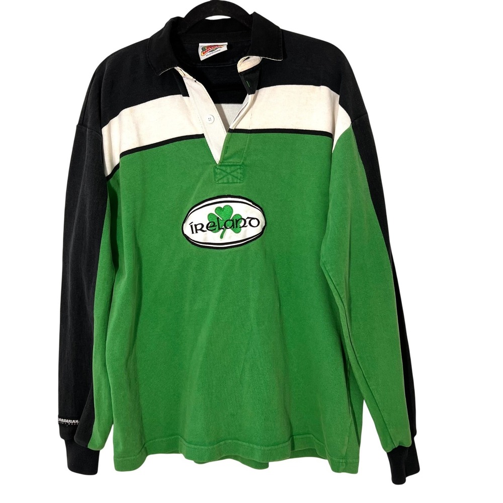 Vintage Barbarian Rugby Shirt Mens XL Green Ireland Shamrock Heavyweight Jersey